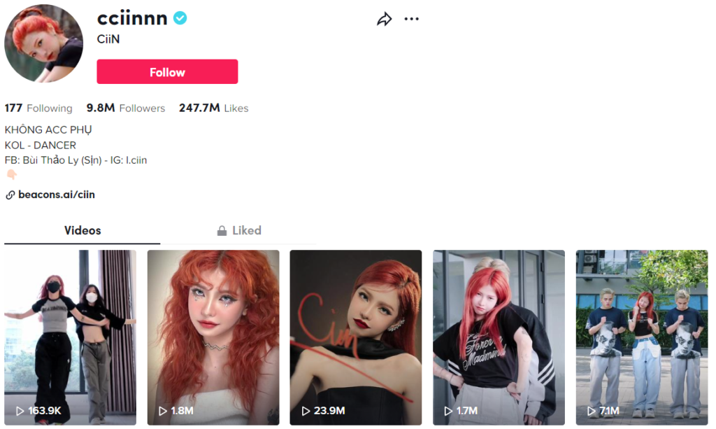Kênh tik tok của Ciin có lượt người theo dõi khủng