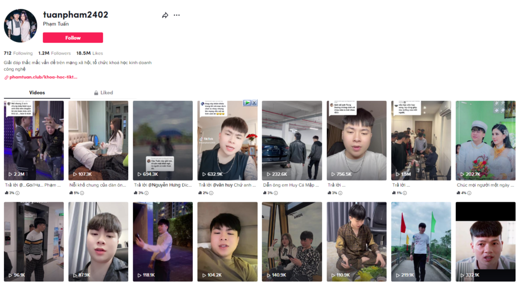 Phạm Tuấn sở hữu kênh Tiktok với hơn 1 triệu 2 Followers